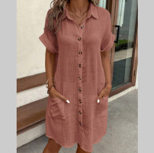 Robe chemise d'été à manches courtes, mode, couleur unie, simple boutonnage, mi-longue, ample