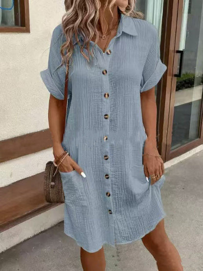 Robe chemise d'été à manches courtes, mode, couleur unie, simple boutonnage, mi-longue, ample